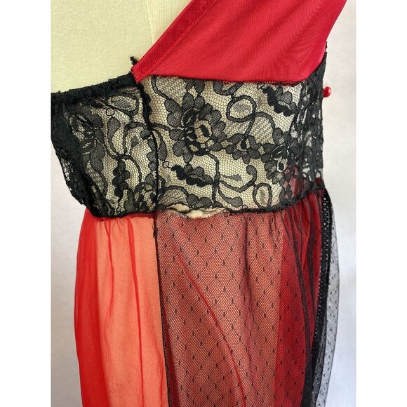 Vintage 80s Red Chiffon Lace Empire Waist Chemise S/M Stroke Of Midnight - Picture 4 of 12